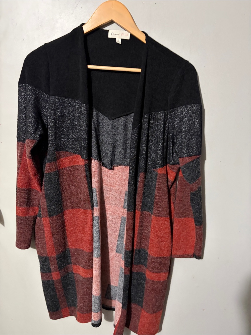 Open-Front Plaid Long Cardigan Sweater - Black & Red